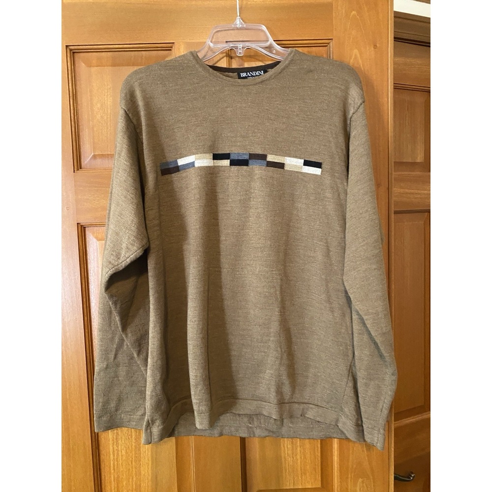 Vtg. BRANDINI Men's Fine Merino Wool Polo Dad Sweater Black Gray Sz L made Italy